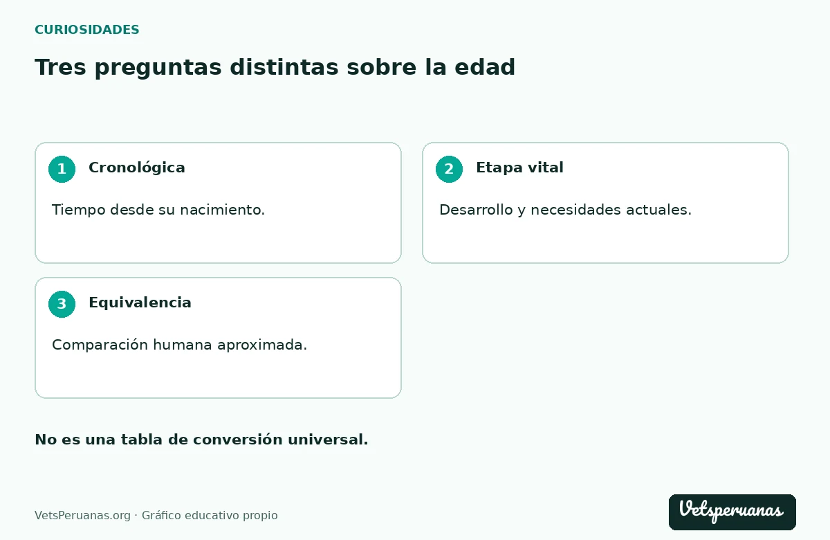 Tres preguntas distintas sobre la edad: Cronológica — Tiempo desde su nacimiento.. Etapa vital — Desarrollo y necesidades actuales.. Equivalencia — Comparación humana aproximada.