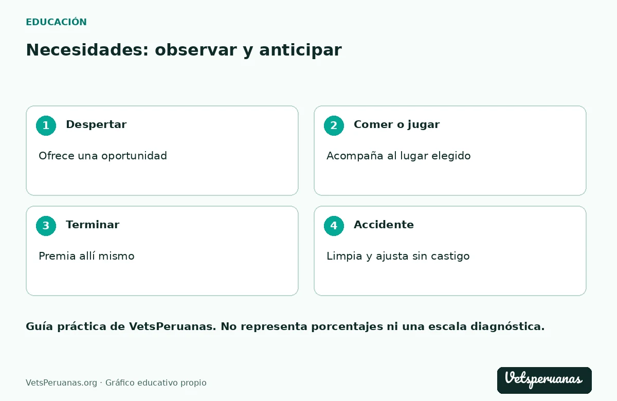 Necesidades: observar y anticipar: Despertar — Ofrece una oportunidad. Comer o jugar — Acompaña al lugar elegido. Terminar — Premia allí mismo. Accidente — Limpia y ajusta sin castigo