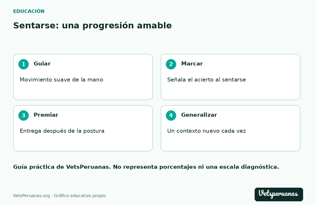 Sentarse: una progresión amable: Guiar — Movimiento suave de la mano. Marcar — Señala el acierto al sentarse. Premiar — Entrega después de la postura. Generalizar — Un contexto nuevo cada vez