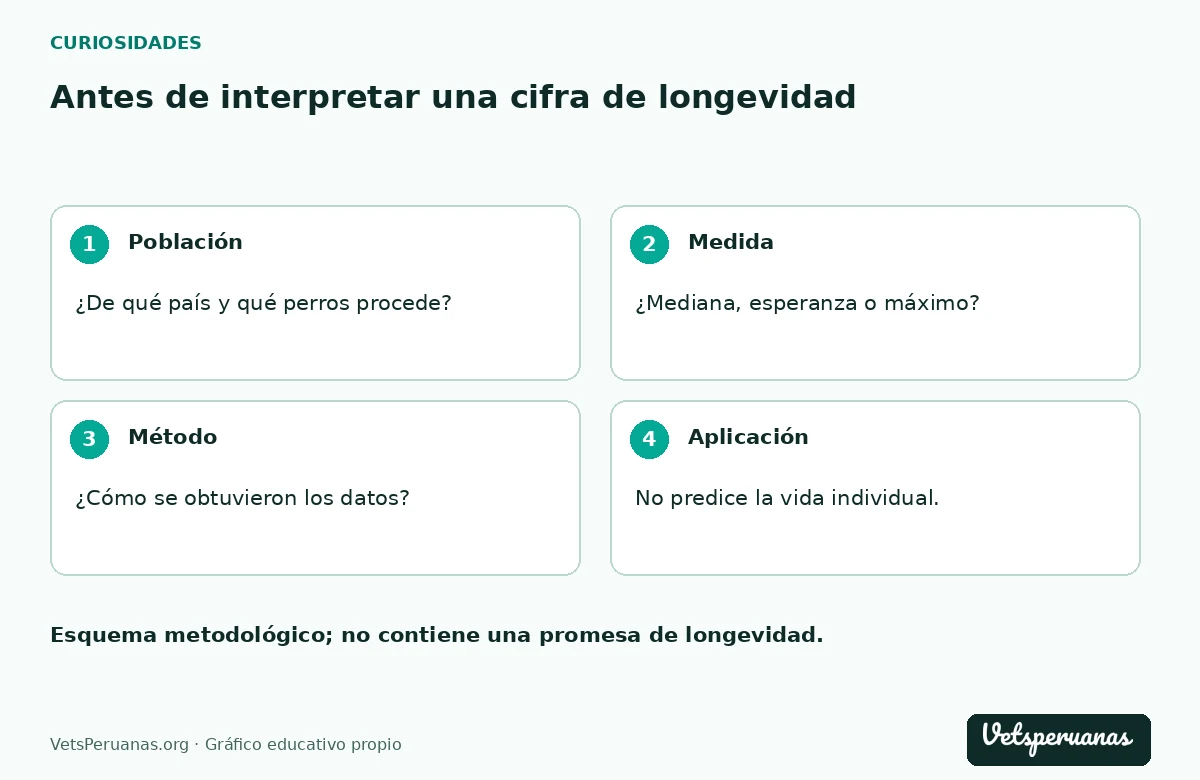 Antes de interpretar una cifra de longevidad: Población — ¿De qué país y qué perros procede?. Medida — ¿Mediana, esperanza o máximo?. Método — ¿Cómo se obtuvieron los datos?. Aplicación — No predice la vida individual.