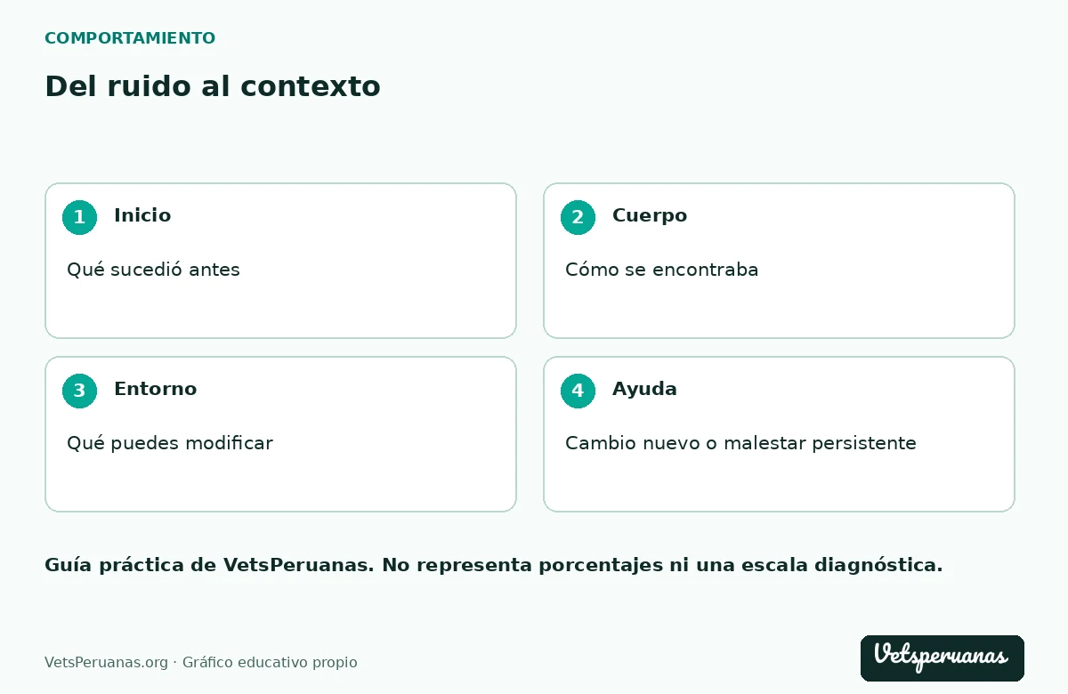 Del ruido al contexto: Inicio — Qué sucedió antes. Cuerpo — Cómo se encontraba. Entorno — Qué puedes modificar. Ayuda — Cambio nuevo o malestar persistente